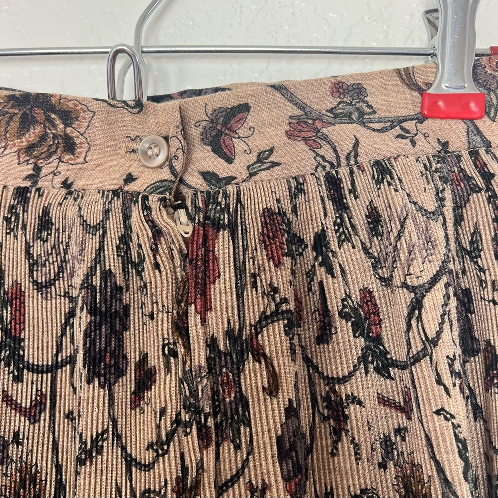 Vintage Linen Floral Skirt High Waist Knife Pleat Midi Flower Print Tan Beige M - Picture 3 of 6